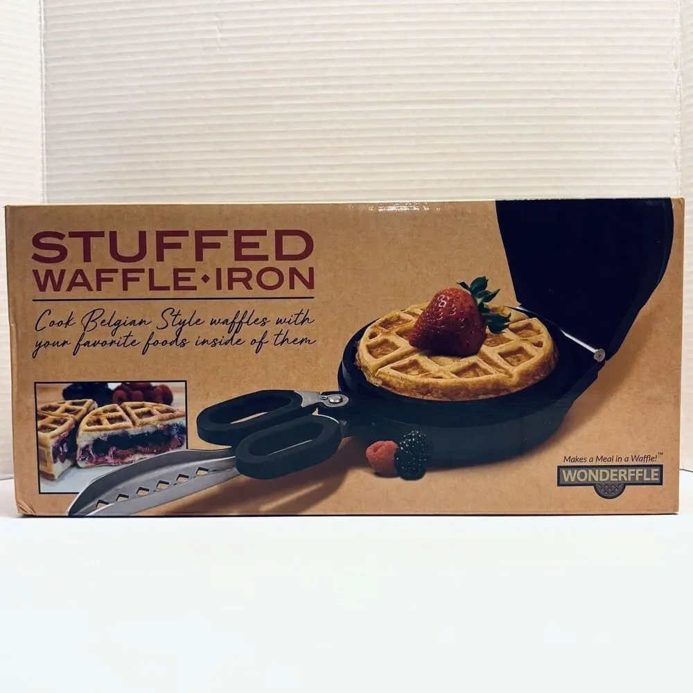 Wonderffle Stuffed Waffle Maker Cast Aluminum Nonstick Belgian Iron Open Box New
